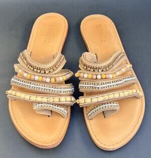 Schutz Jodie Beaded Toe-Loop Leather Sandals Women's Size 7.5 US